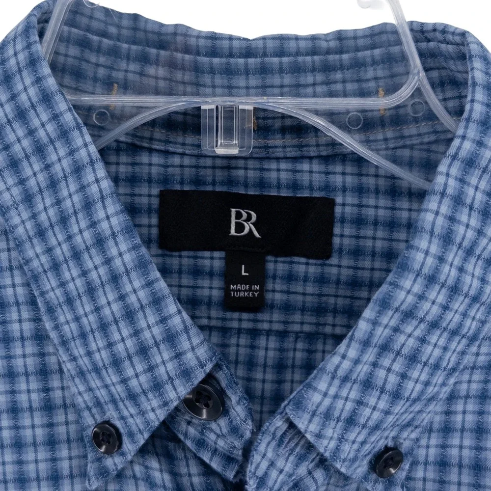 Banana Republic Men's Large Textured Utility Cotton Blue‎ Plaid Button Up Shirt